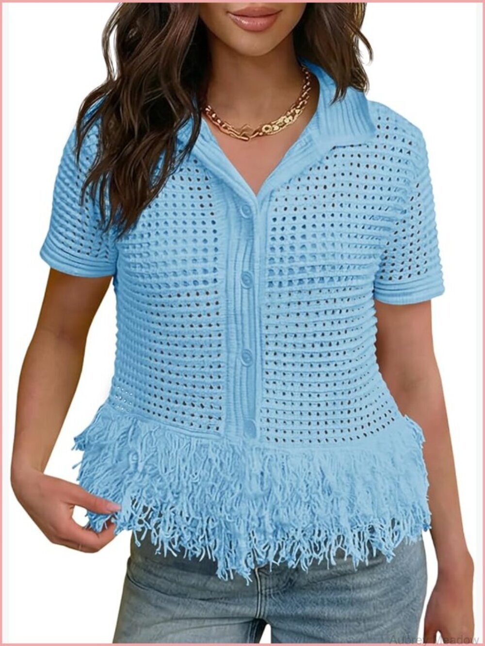 Crochet Knit Cardigan Short Sleeve Fringe Boho Button Up Sweater Top